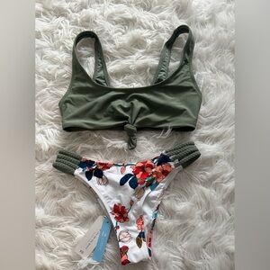 Cupshe Floral Bikini with White and Navy Accents